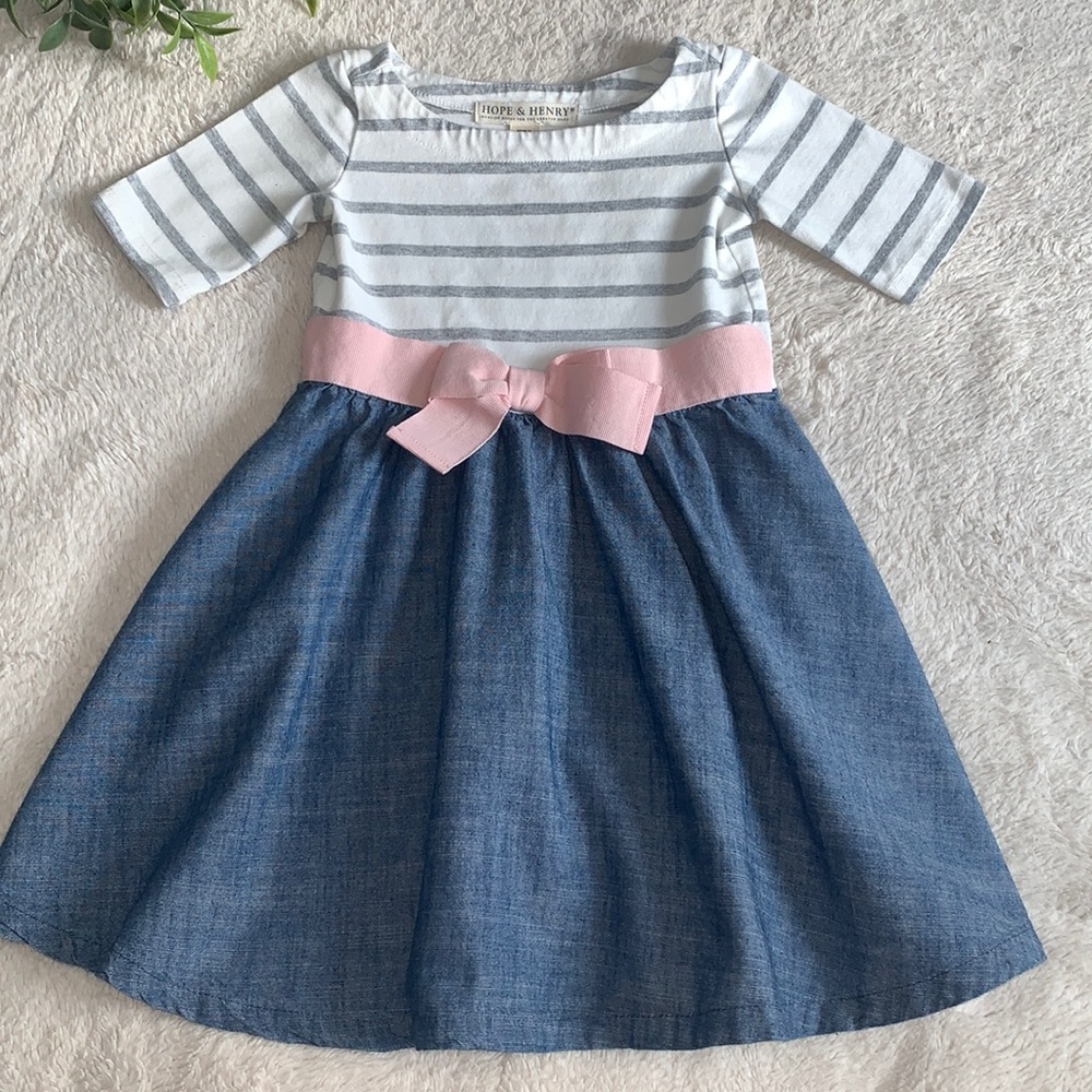 Hope & Henry XXS 2/3 White and Chambray Dress EUC Organic Cotton